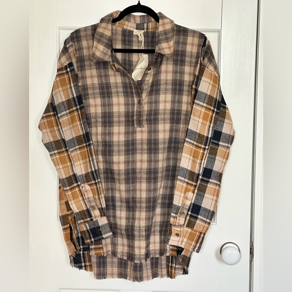 NWT Hem & Thread mixed plaid tunic shirt in stunning earth tones - size L